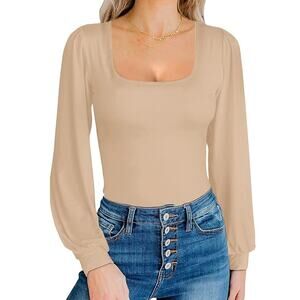 MANGOPOP NWT Beige Nude Square Neck Puff Lantern Long Sleeve Bodysuit Sz L